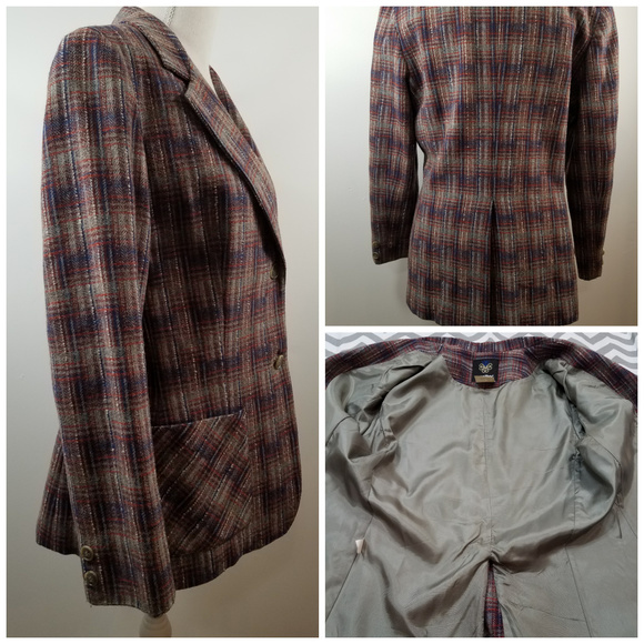 Vintage Panther Wool Plaid Blazer lined Suit Jacket red blue gray Academia 13/14 - Picture 4 of 8